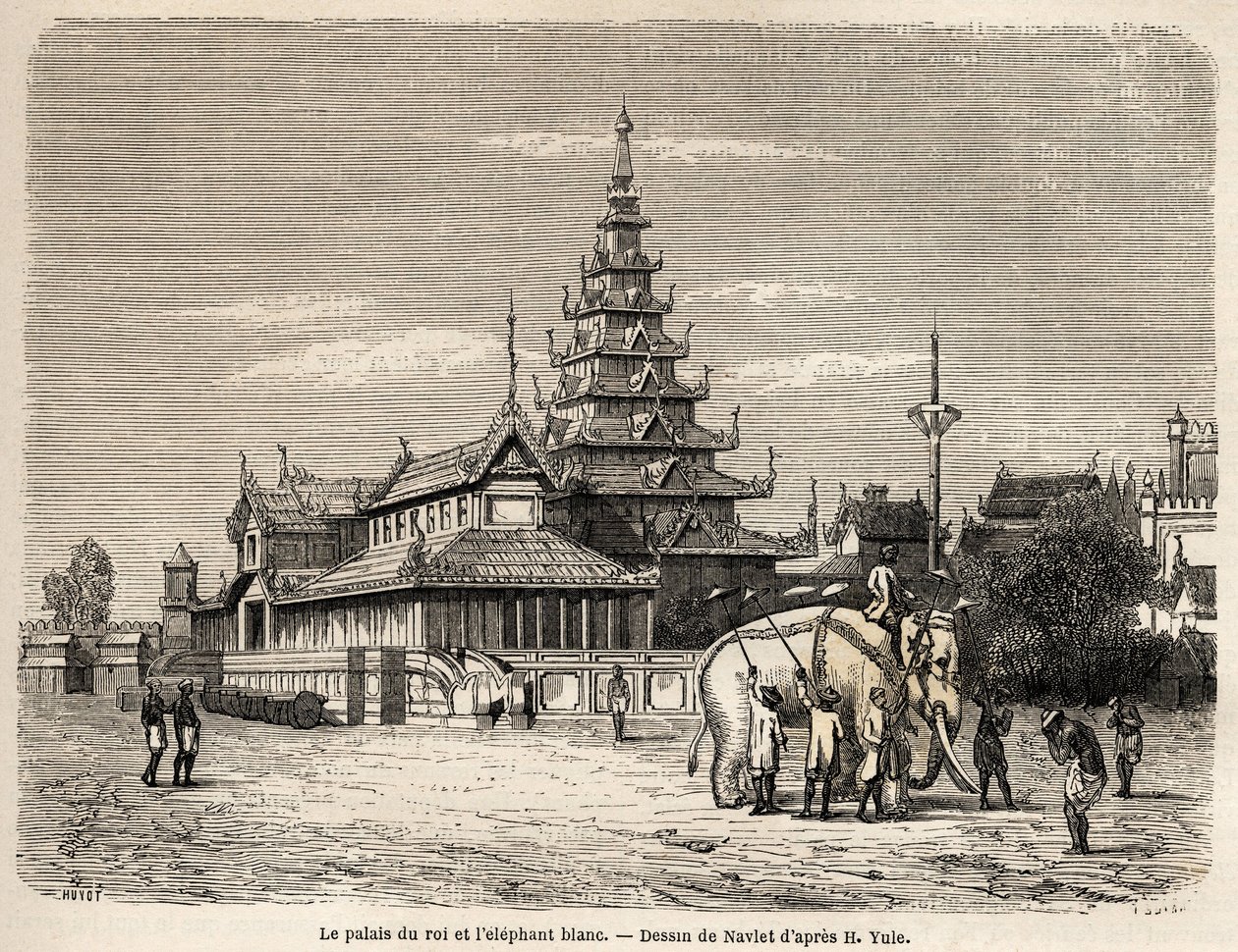 O palácio do Rei de Ava, em Amarapoura (actual Birmânia), desenhado por Navlet para ilustrar a viagem ao reino de Ava, em 1855, do Capitão Henri Yule do corpo do génio Bengali. Gravura em "Le tour du monde, nouveau journal des voya de Joseph Navlet