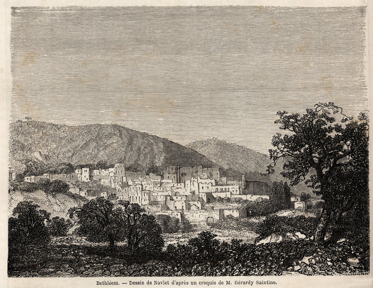 Vista de Bethleem, desenhando Joseph Navlet (1821-1889), para ilustrar a viagem do Sr. Bida à Palestina em 1856. Gravura em "Le tour du monde, nouveau journal des voyages" Paris de Joseph Navlet