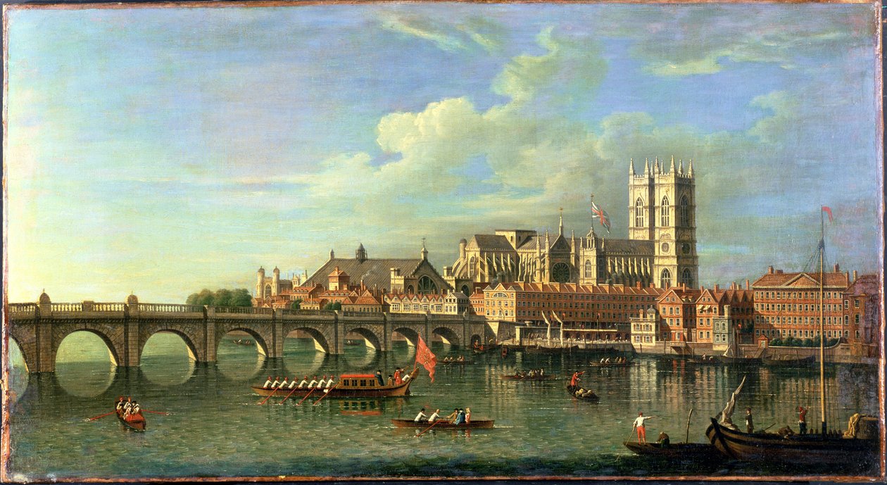 Uma vista de Westminster com a barcaça real e outras remessas de Joseph Nicholls