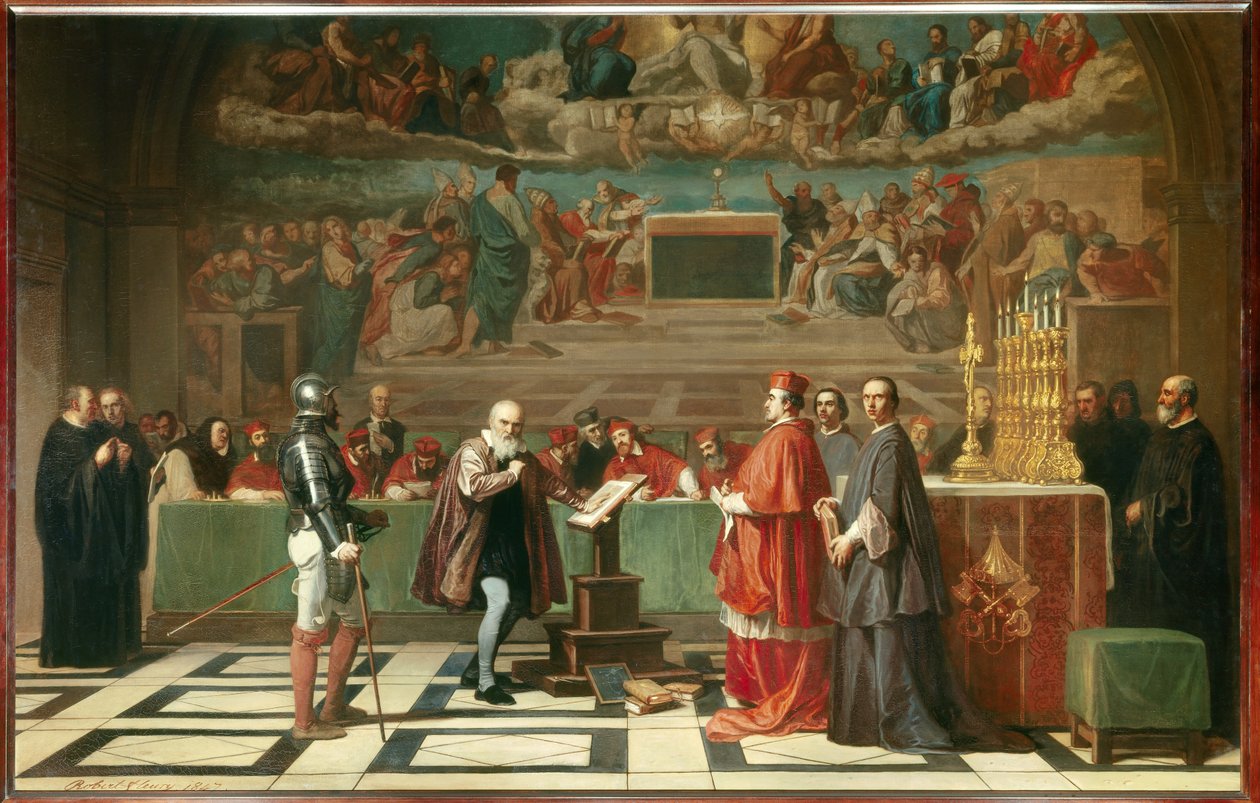 Galileia (ou Galileu Galilei (1564-1642) perante o Santo Ofício no Vaticano" O astrônomo foi condenado pelo Tribunal da Inquisição em 1632 por defender as teorias de Copérnico. Pintura de Joseph Nicolas Robert-Fleury (Robert Fleury) (1797-1890) 1847 de Joseph Nicolas Robert Fleury
