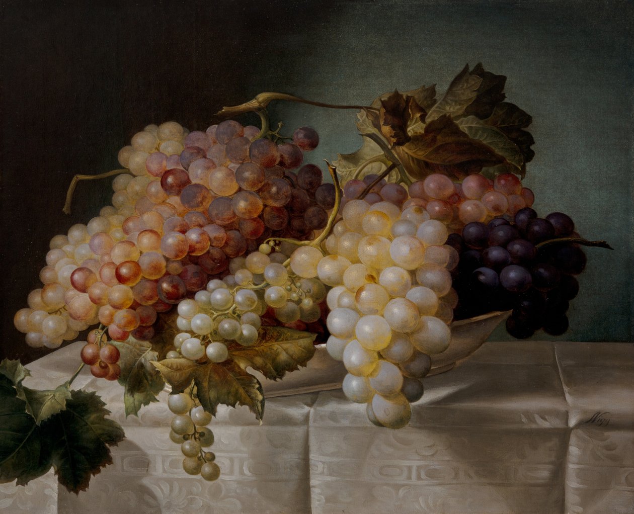 Natureza morta com uvas num prato de porcelana de Joseph Nigg