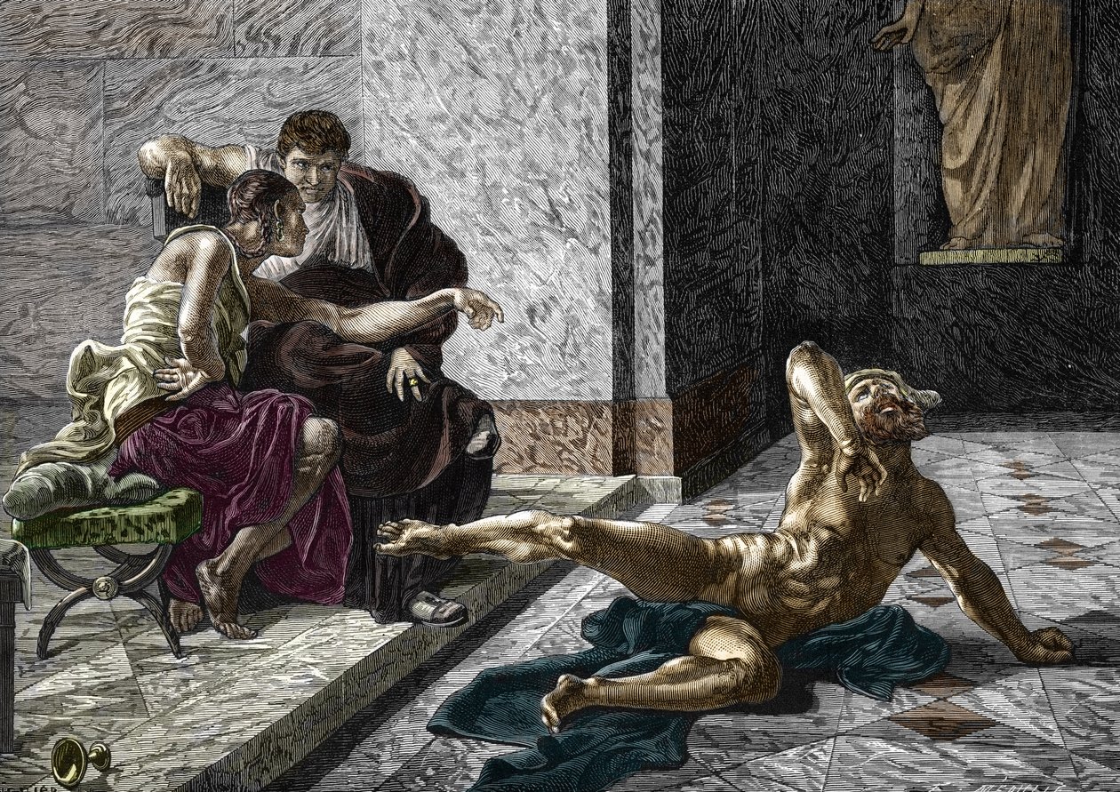Representação do envenenador romano Locust tentando ao lado do Imperador Nero (37-68) um veneno destinado ao seu irmão Britannicus (41-55) sobre um dos seus escravos, 55 Gravura após uma pintura de Joseph-Noel Sylvestre (1847-1926) 1876 (envenenador romano de Joseph Noel (after) Sylvestre