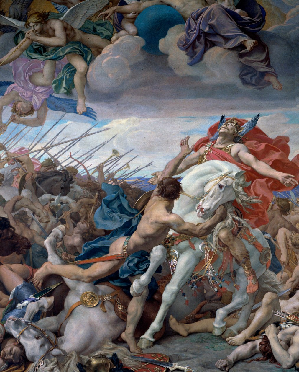 O desejo de Clóvis para a Batalha de Tolbiac. Em 496 Clóvis I, rei dos Francos, prometeu converter-se ao cristianismo se ganhasse a batalha de Tolbiac (Zulpich) perto de Colónia contra os Alamãs. Pintura de Joseph Blanc (1846 - 1904) de Joseph Paul Blanc