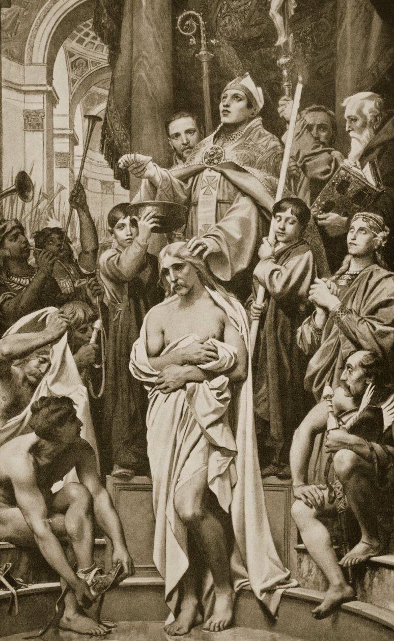 O Batismo de Clovis, Reims, 496 dC, ilustração da "História das Nações de Hutchinson", 1915 de Joseph Paul Blanc