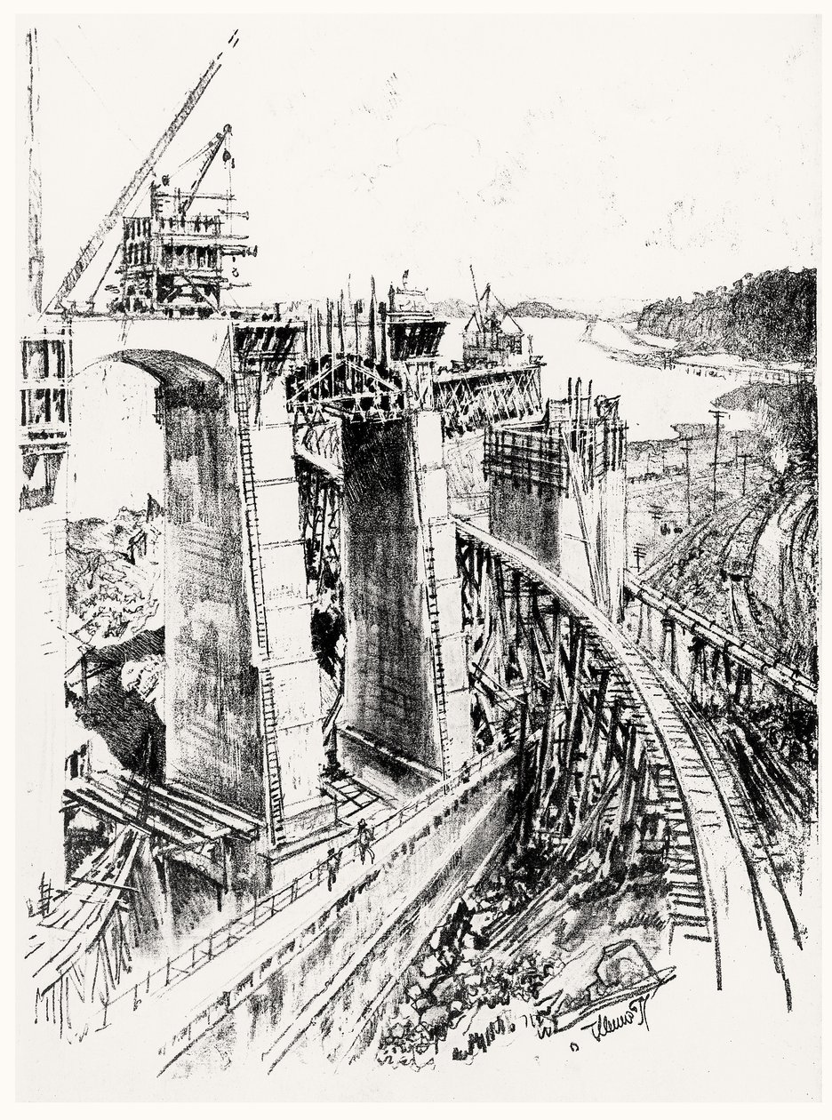 Abordagens para o fechamento de Gatun, placa VI do canal do Panamá por Joseph Pennell, 1912 (carvão vegetal no papel) de Joseph Pennell