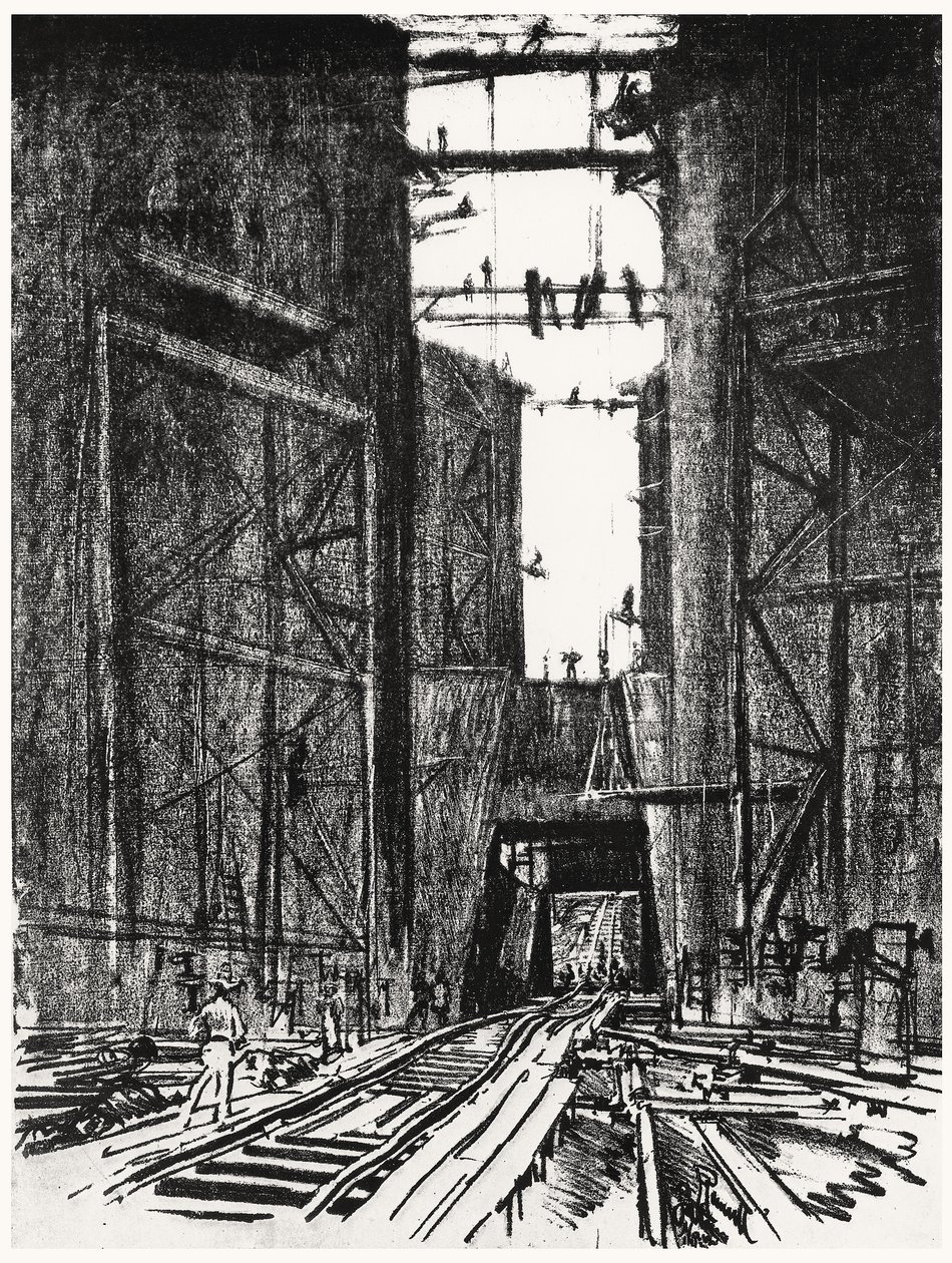 Na parte inferior da eclusa de Gatun, placa IV do Canal do Panamá por Joseph Pennell, 1912 (carvão sobre papel) de Joseph Pennell