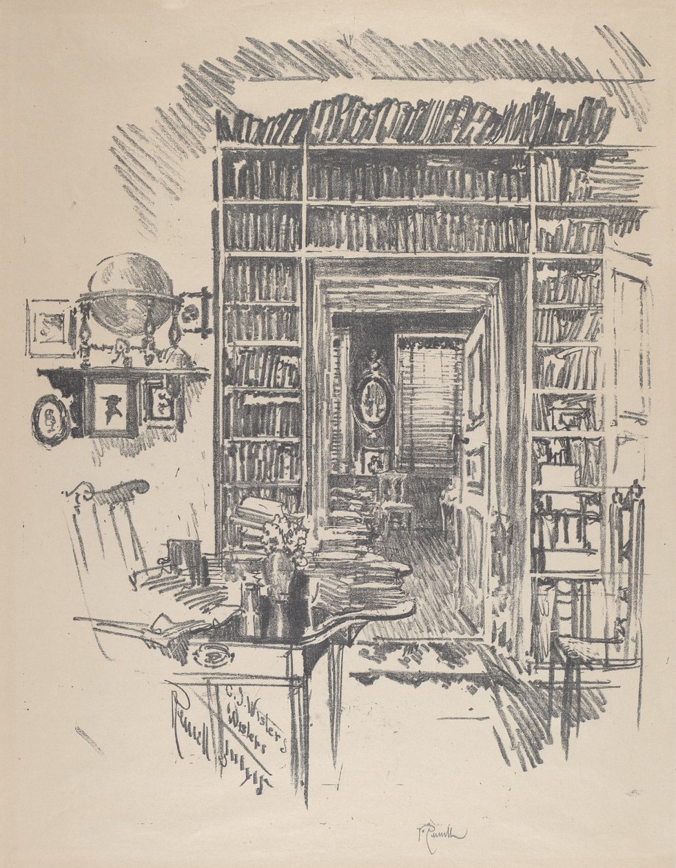 Sala de livros na casa do Dr. Wister, 1912. de Joseph Pennell
