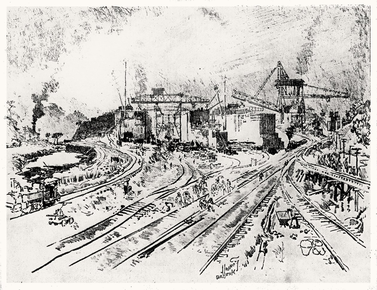Edifício Miraflores Bloqueio, placa XXI do Canal do Panamá por Joseph Pennell, 1912 (carvão sobre papel) de Joseph Pennell