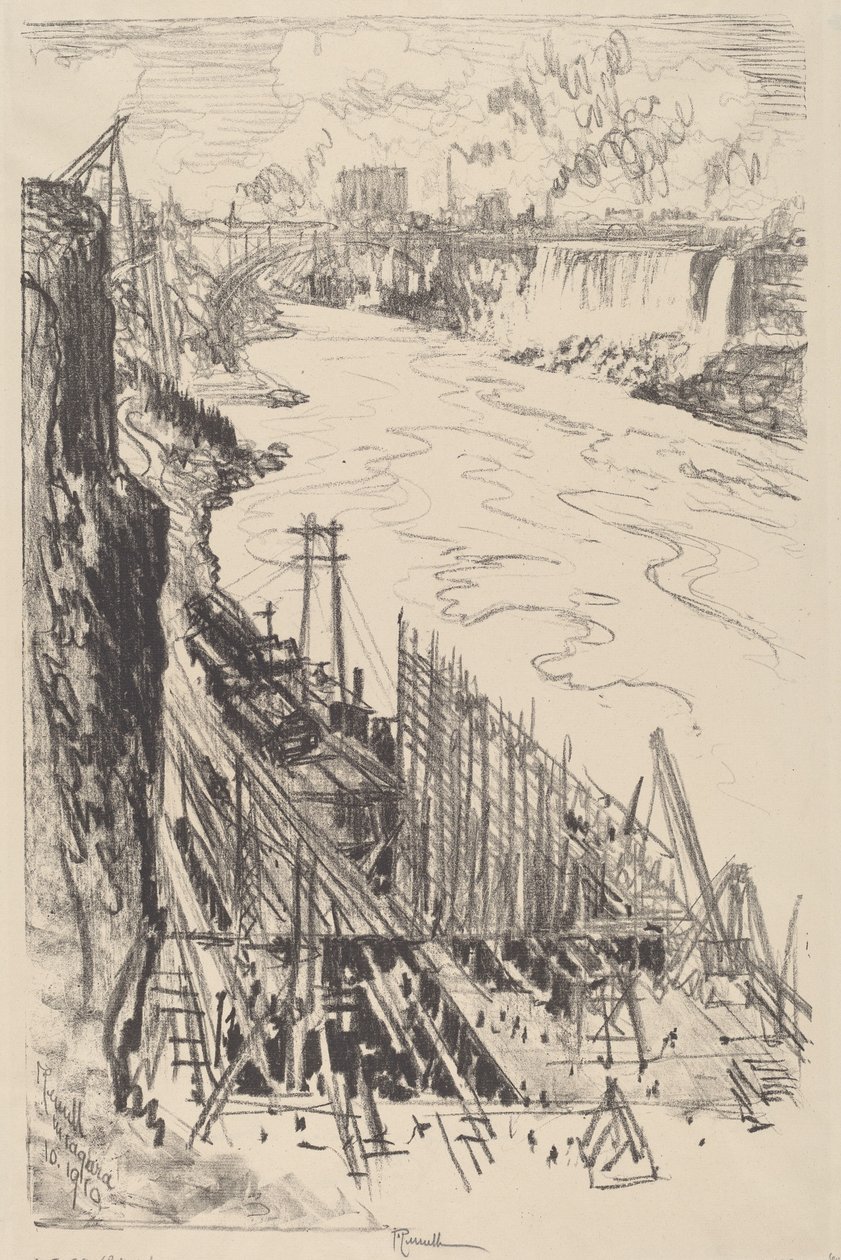 Construindo uma casa de força, 1910. de Joseph Pennell