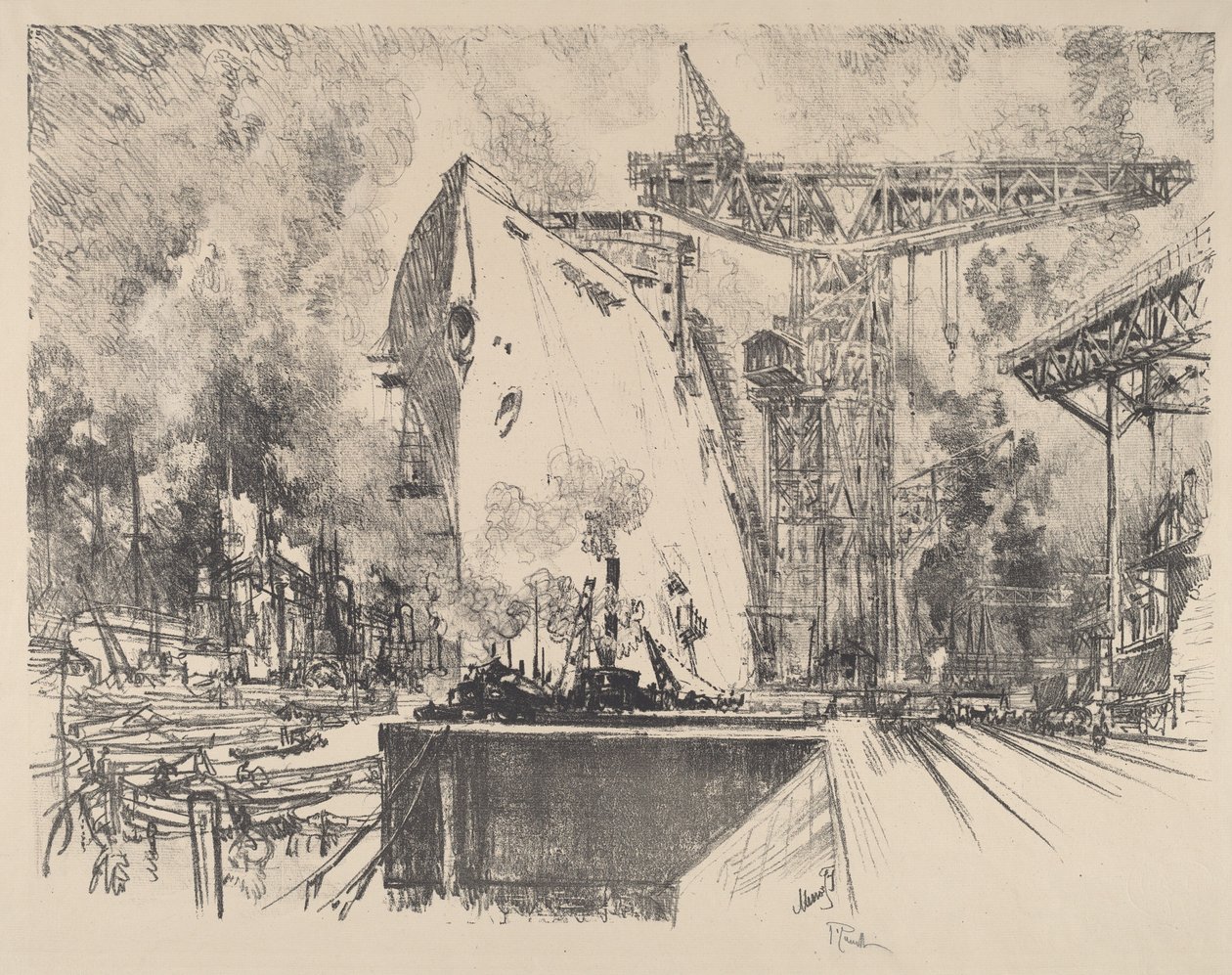 Construindo o Bismarck, Hamburgo de Joseph Pennell