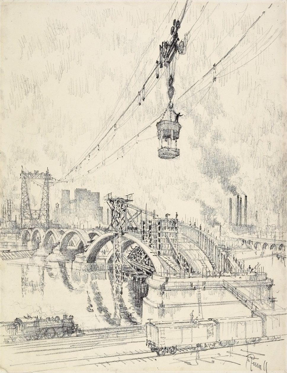 Construindo a ponte, Minneapolis, 1915 de Joseph Pennell