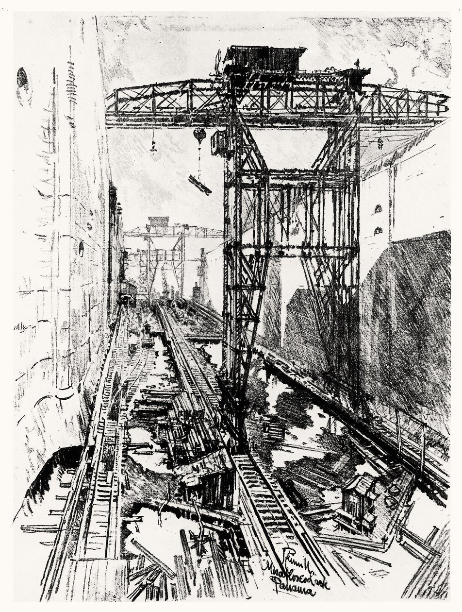 Guindastes no bloqueio de Miraflores, placa XXII do Canal do Panamá por Joseph Pennell, 1912 (carvão sobre papel) de Joseph Pennell