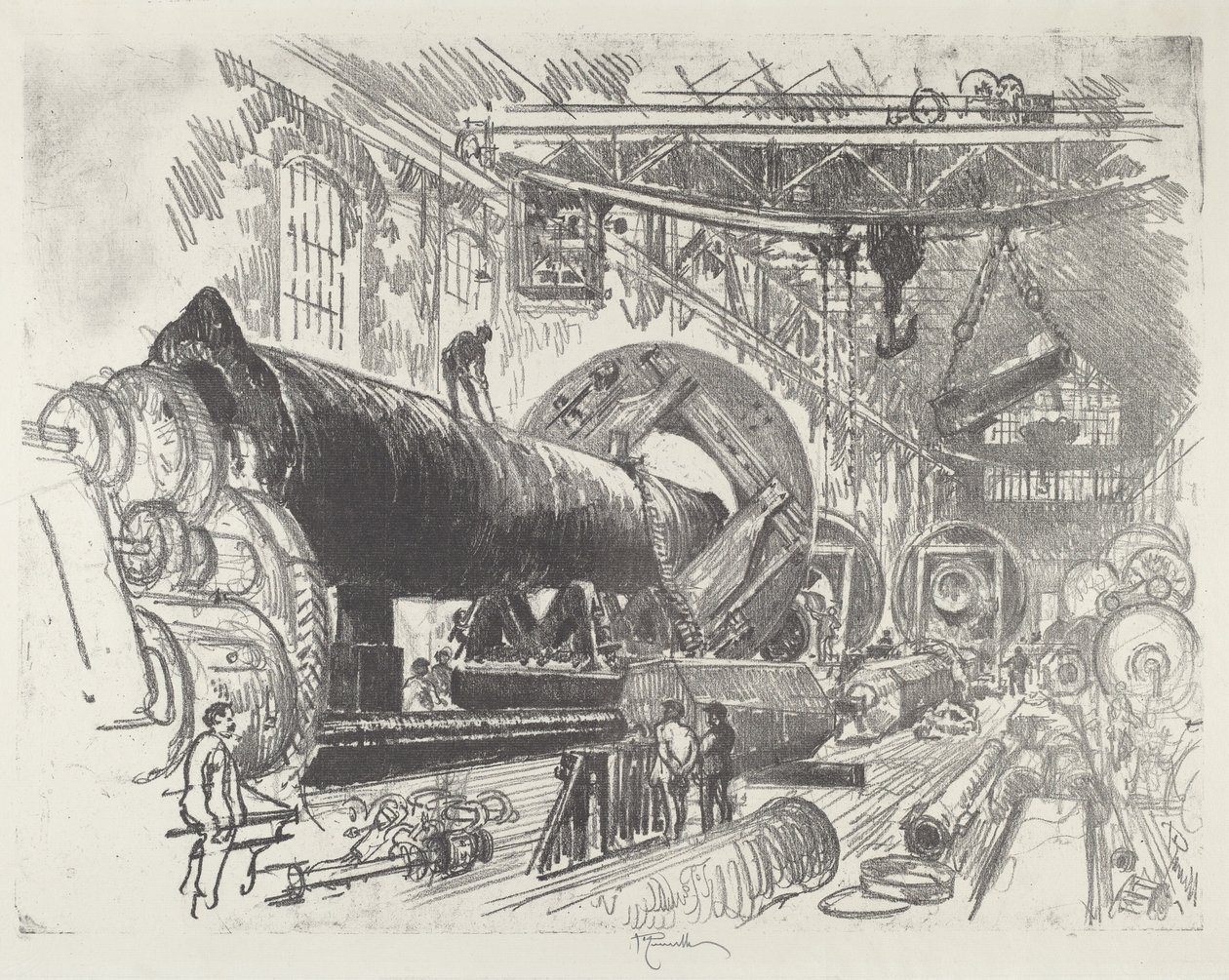 Cutting and Turning a Big Gun, 1916. de Joseph Pennell