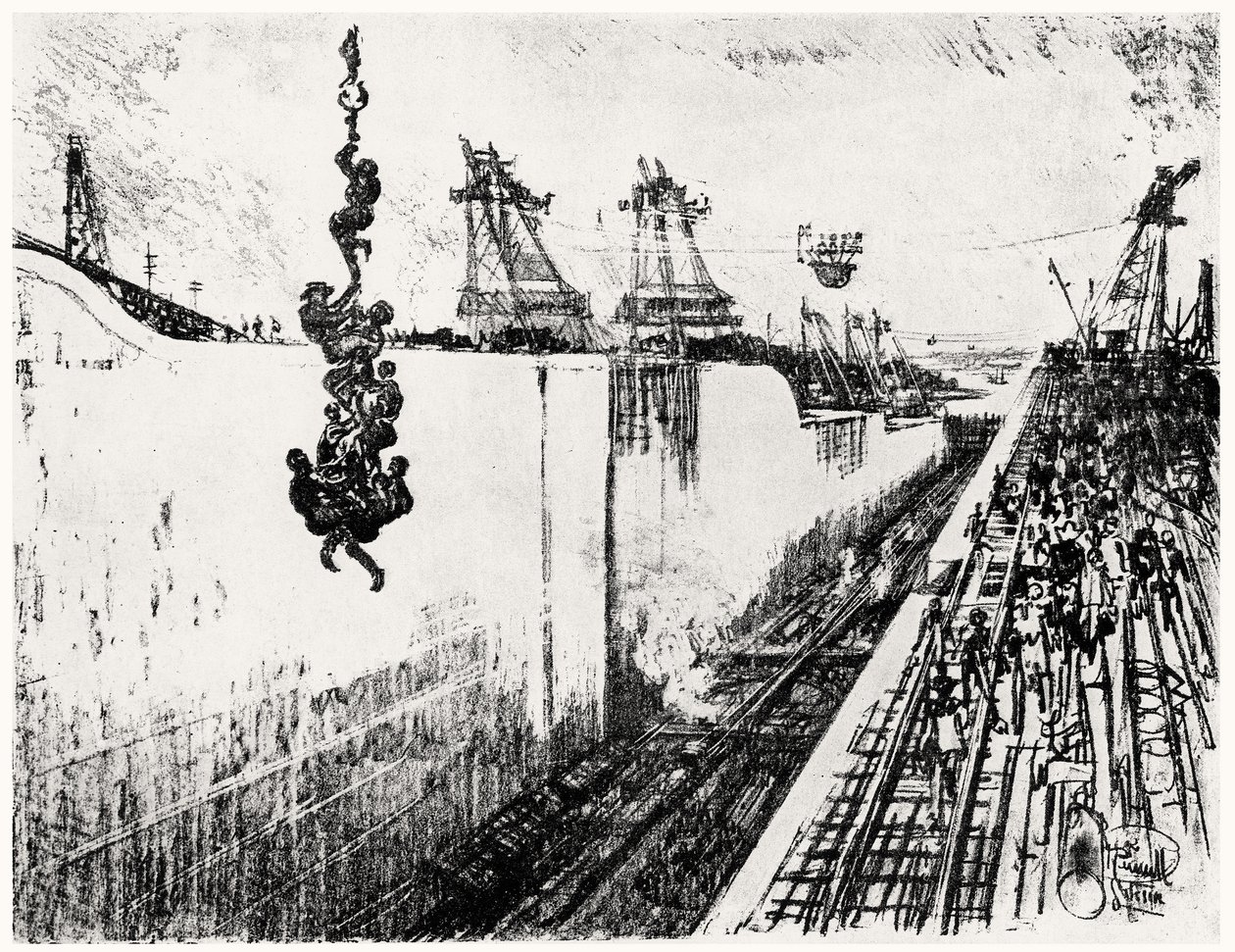 Hora do jantar no Gatun, prato III do Canal do Panamá por Joseph Pennell, 1912 (carvão sobre papel) de Joseph Pennell