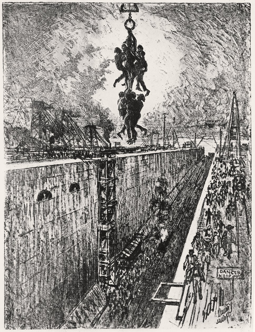 Fim do dia: Eclusa de Gatun, placa VII do "Canal do Panamá", de Joseph Pennell de Joseph Pennell