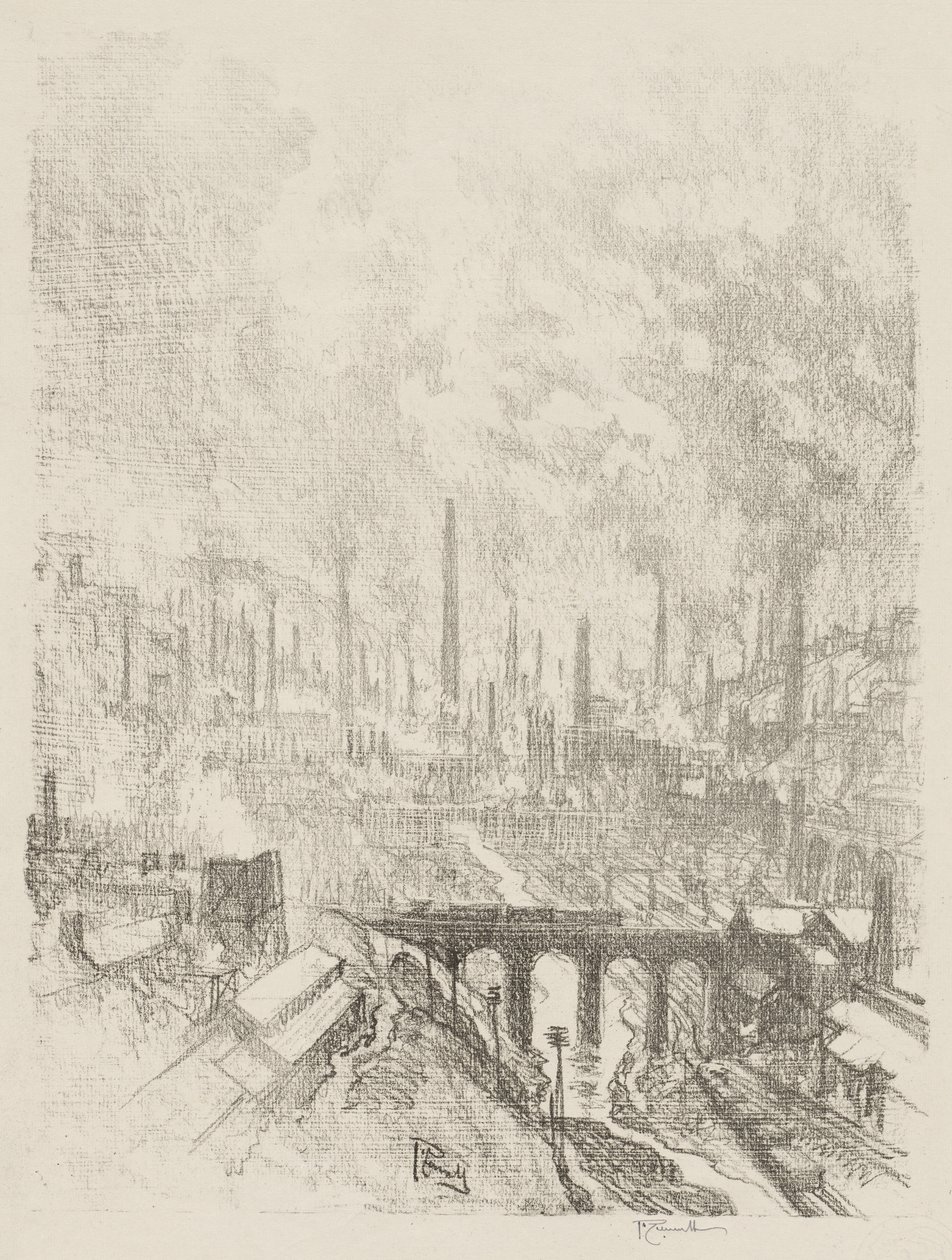 Trabalho de Guerra Inglês: Munitions City, No. 1 de Joseph Pennell