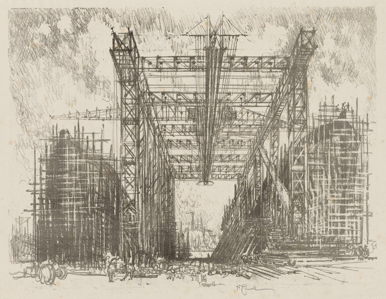 Trabalho de Guerra Inglês: The Gantry (A Merchant Shipyard) de Joseph Pennell