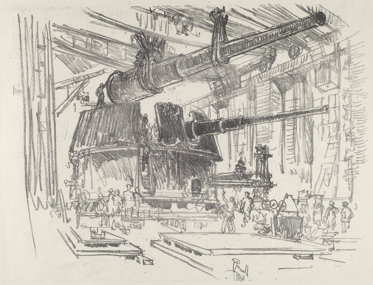 Montagem de armas em torres, 1916. de Joseph Pennell