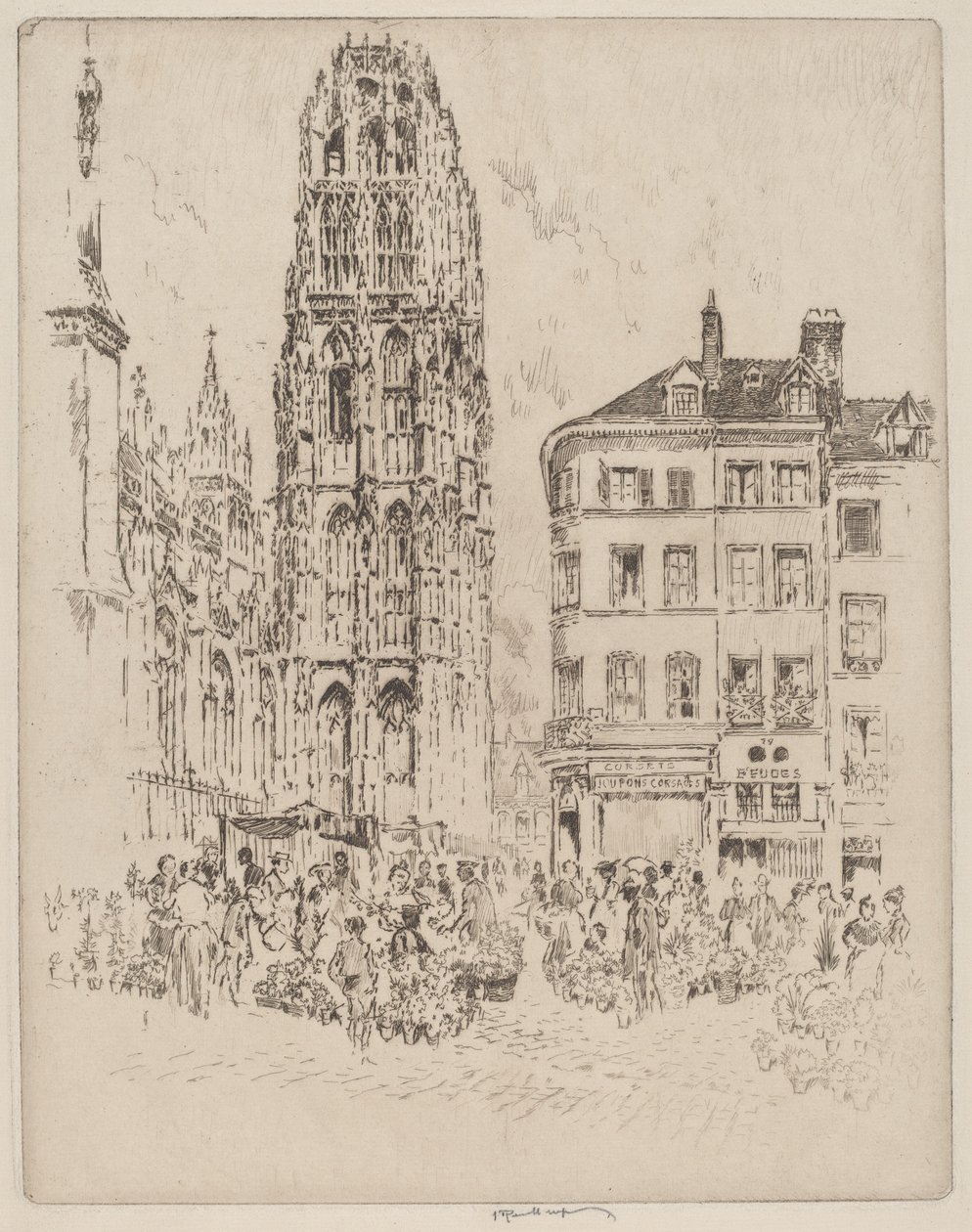 Mercado de flores e torre de manteiga, Rouen de Joseph Pennell