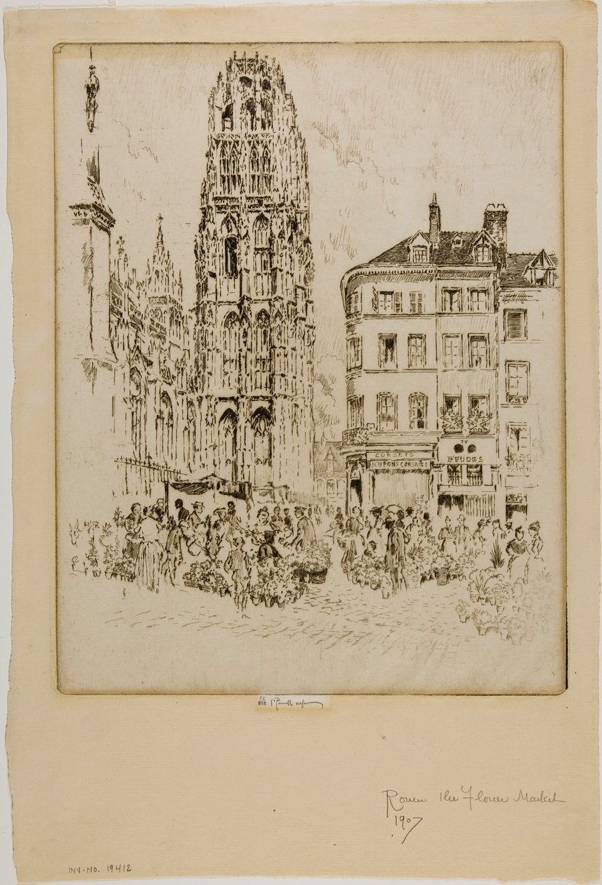 Mercado de flores e torre de manteiga, Rouen de Joseph Pennell