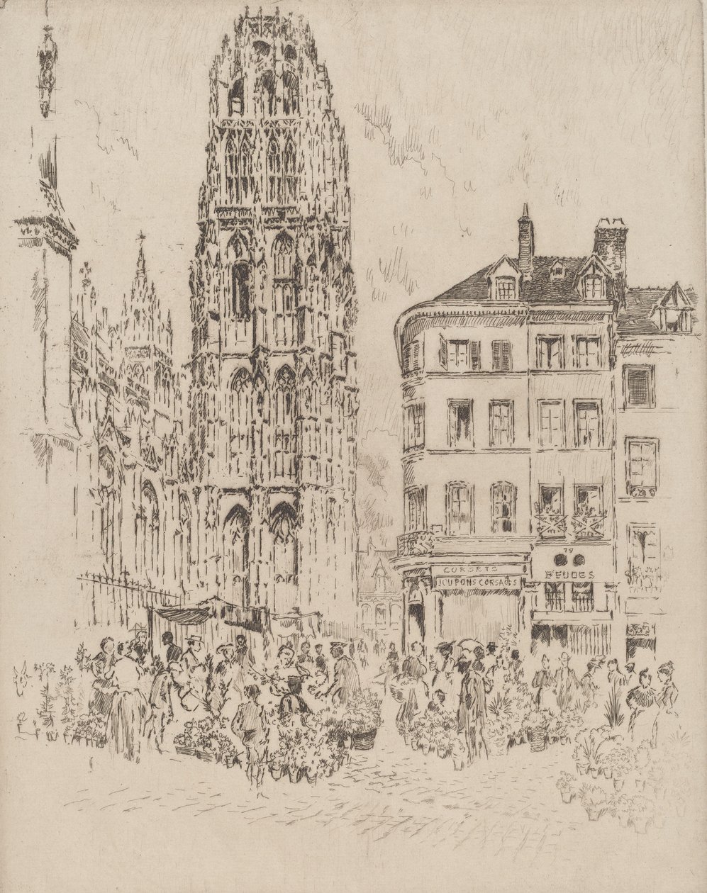 Mercado de Flores e Torre da Manteiga, Rouen, 1907. de Joseph Pennell