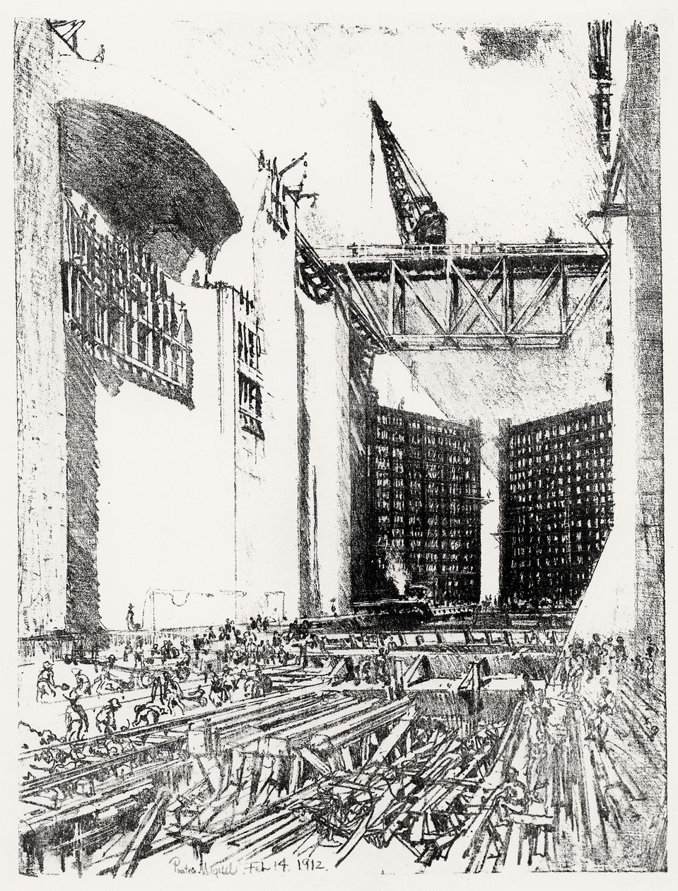 Colocação do Chão: Pedro Miguel Lock, prato XVIII do Canal do Panamá por Joseph Pennell, 14 de fevereiro de 1912 (carvão) de Joseph Pennell