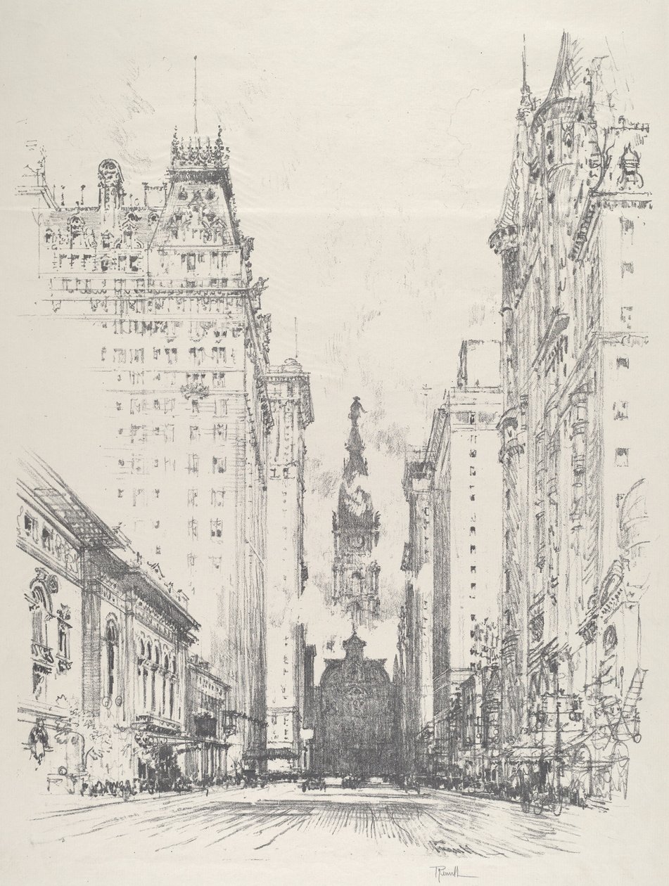 Olhando para a Broad Street da Spruce Street, 1912. de Joseph Pennell
