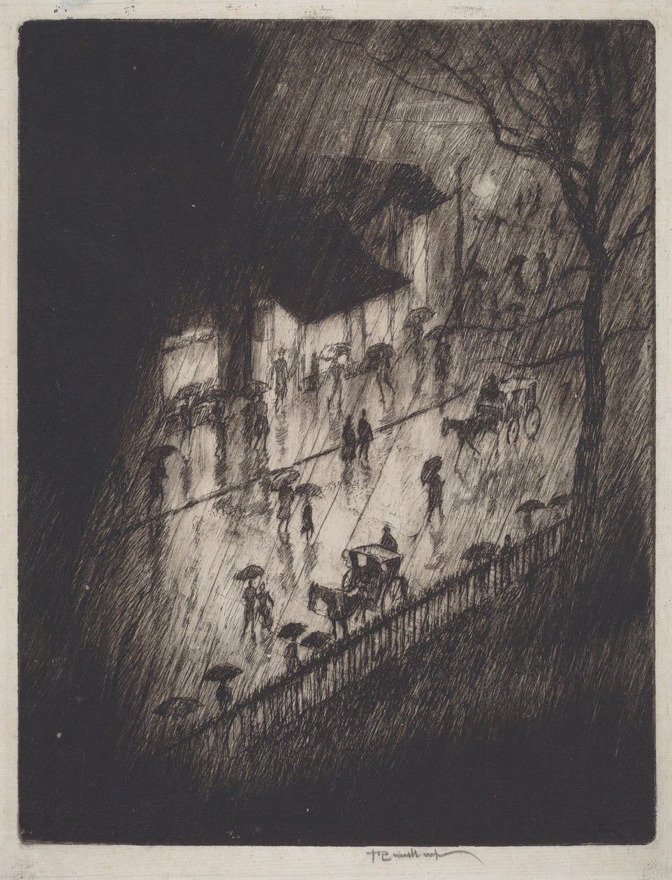 Noite chuvosa, lojas de Charing Cross de Joseph Pennell