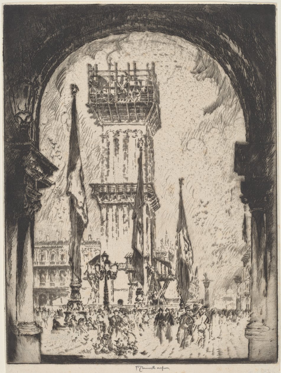 Reconstruindo o Campanário, Veneza, No.I de Joseph Pennell