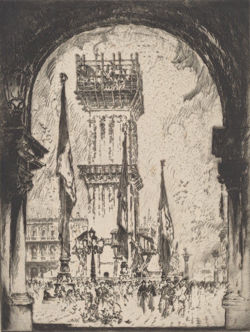 Reconstruindo o Campanário, Veneza, No.I, 1911. de Joseph Pennell