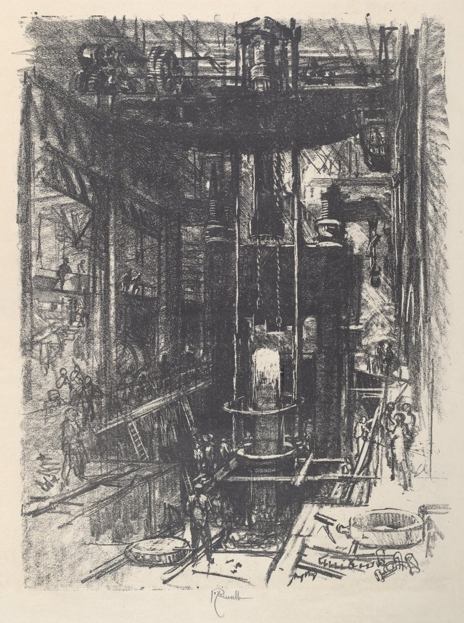 Moldando uma arma de um lingote, 1917. de Joseph Pennell
