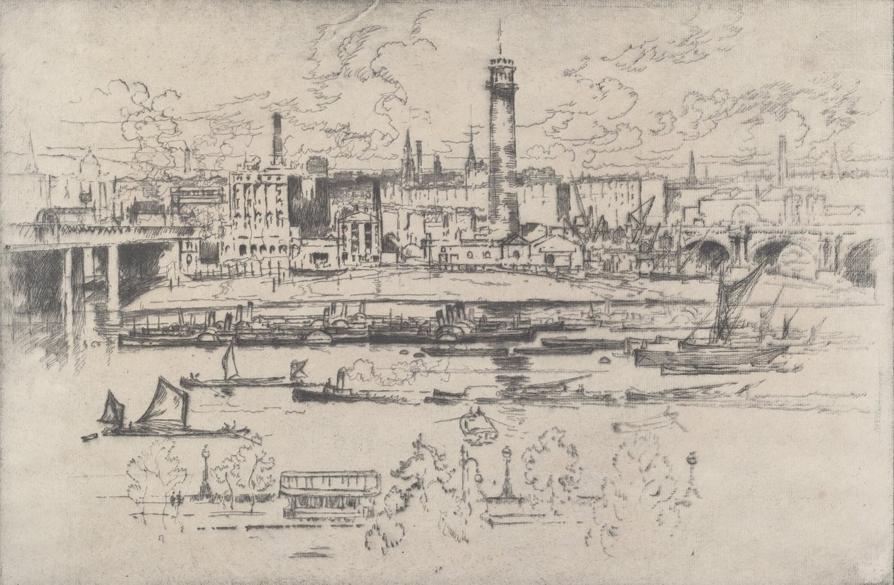 Torre de tiro entre as pontes, 1910. de Joseph Pennell