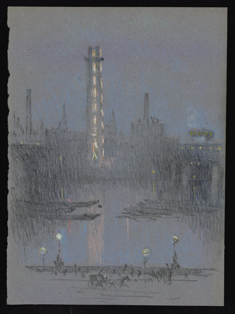 Torre Shot com luzes noturnas, de Embankment de Joseph Pennell
