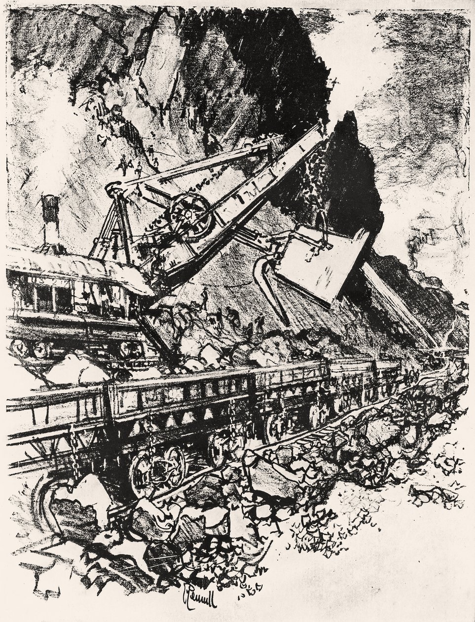 Trabalho com Pá a Vapor: Corte de Culebra, prato XIV do Canal do Panamá por Joseph Pennell, 1912 (carvão sobre papel) de Joseph Pennell