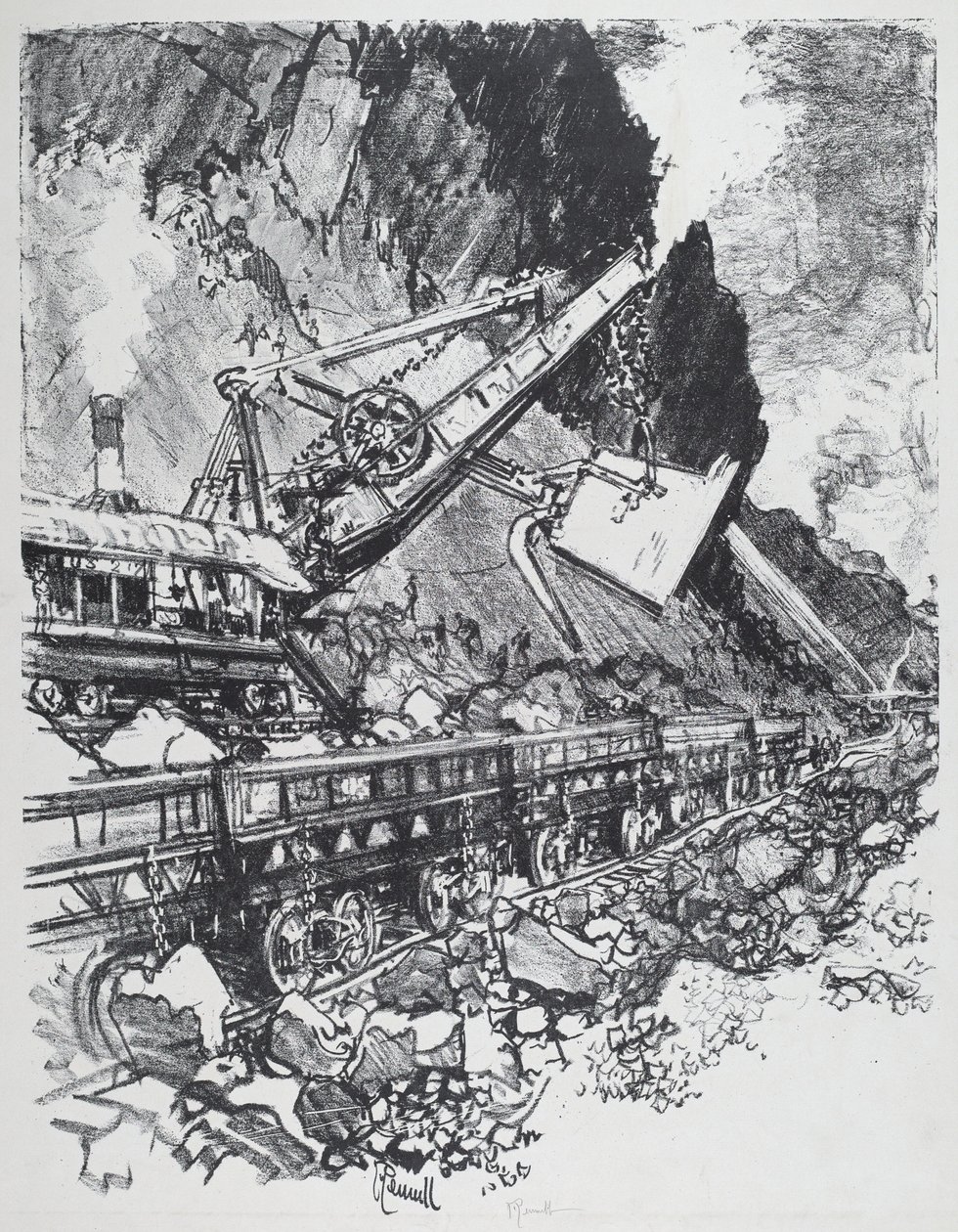 Pá a vapor no corte em Bas Obispo, 1912. de Joseph Pennell