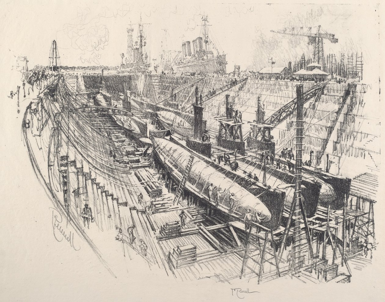 Submarinos em doca seca de Joseph Pennell