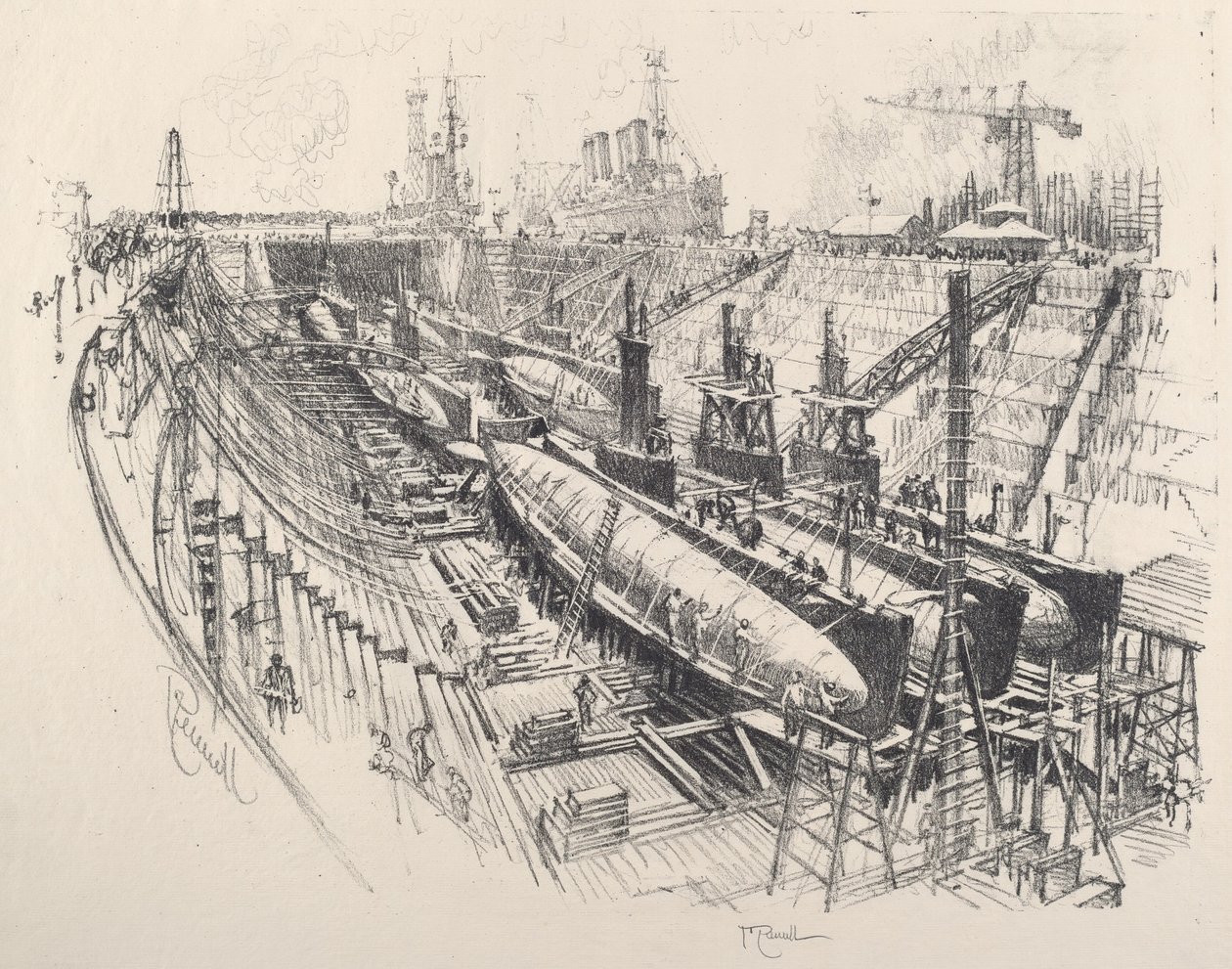 Submarinos na doca seca de Joseph Pennell