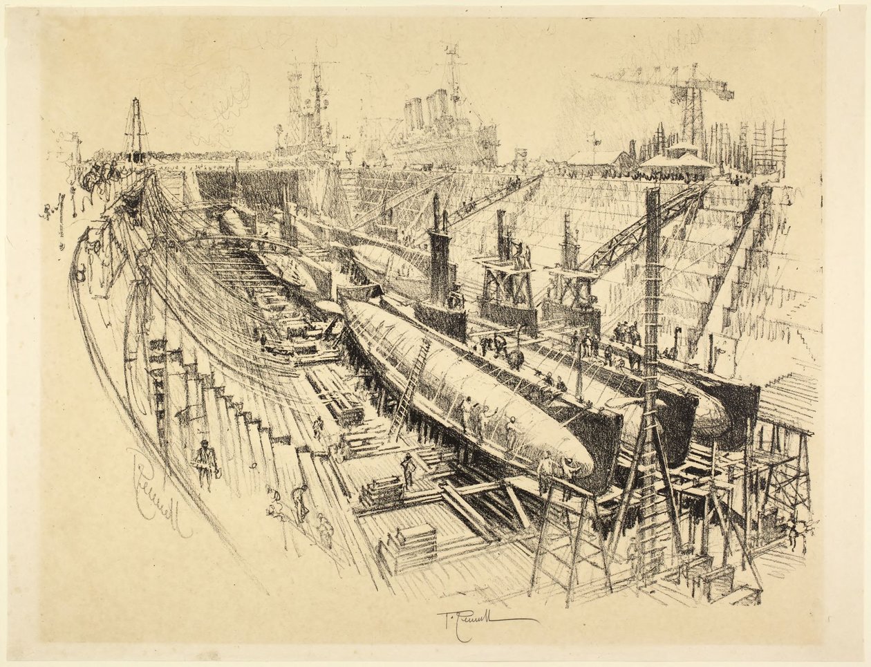 Submarinos em doca seca de Joseph Pennell