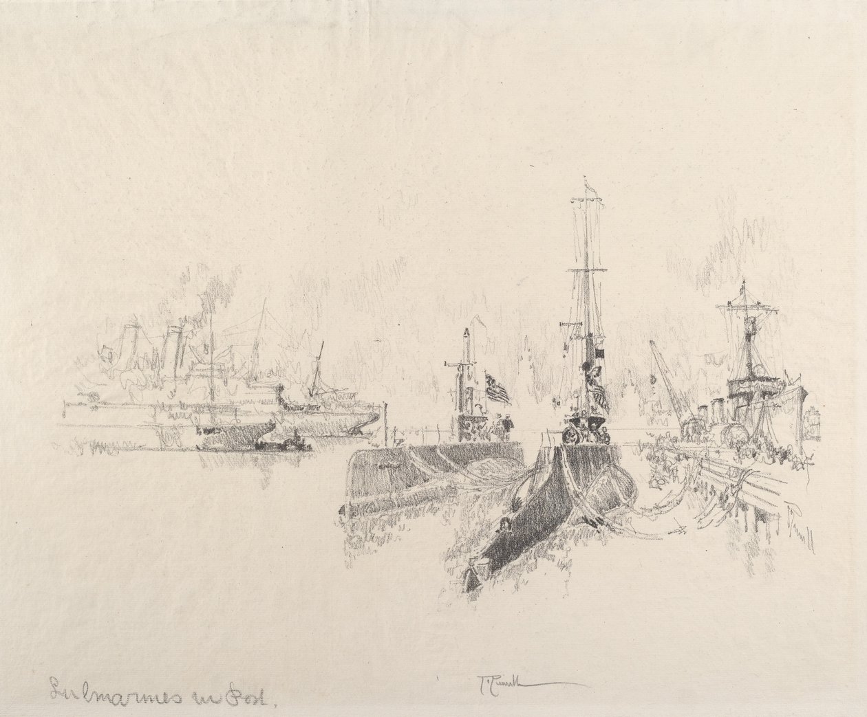 Submarinos no Porto, 1917. de Joseph Pennell