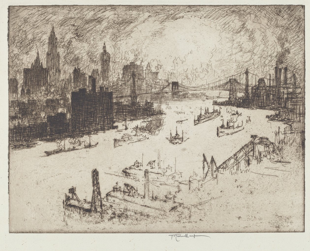 Pôr do sol, da ponte de Williamsburg de Joseph Pennell