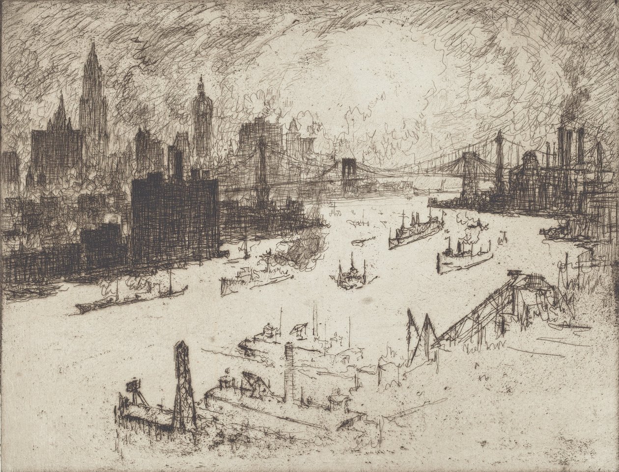 Pôr do sol, da ponte de Williamsburg, 1915. de Joseph Pennell