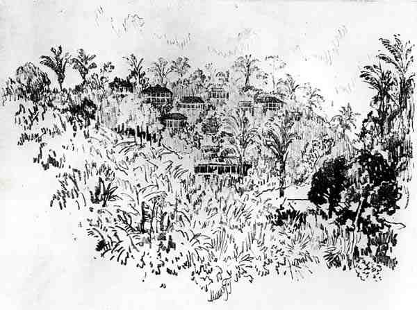 A Aldeia Americana, placa X do Canal do Panamá por Joseph Pennell, 1912 (carvão sobre papel) de Joseph Pennell