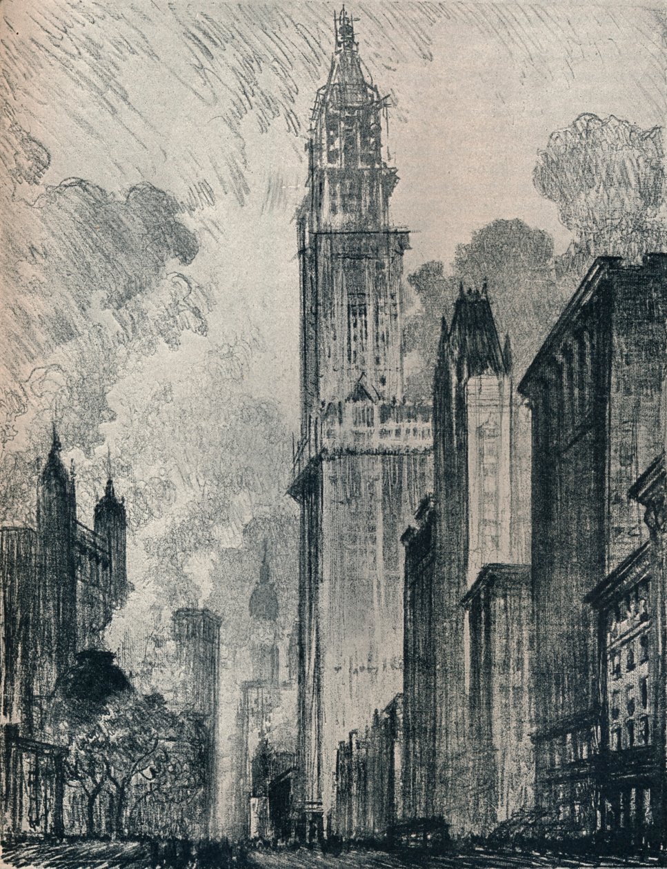 A Broadway e o Edifício Woolworth, Nova York, 1912 de Joseph Pennell