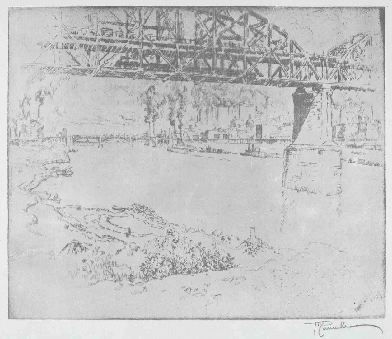 A Ponte da Cidade, St. Louis [fundo], em ou depois de 1919. de Joseph Pennell