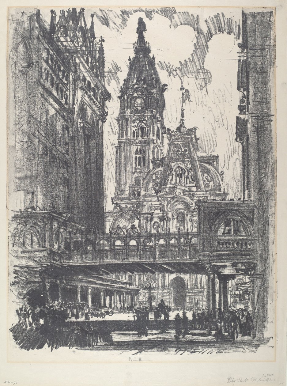 A Prefeitura e a ponte sobre a Market Street, 1912. de Joseph Pennell