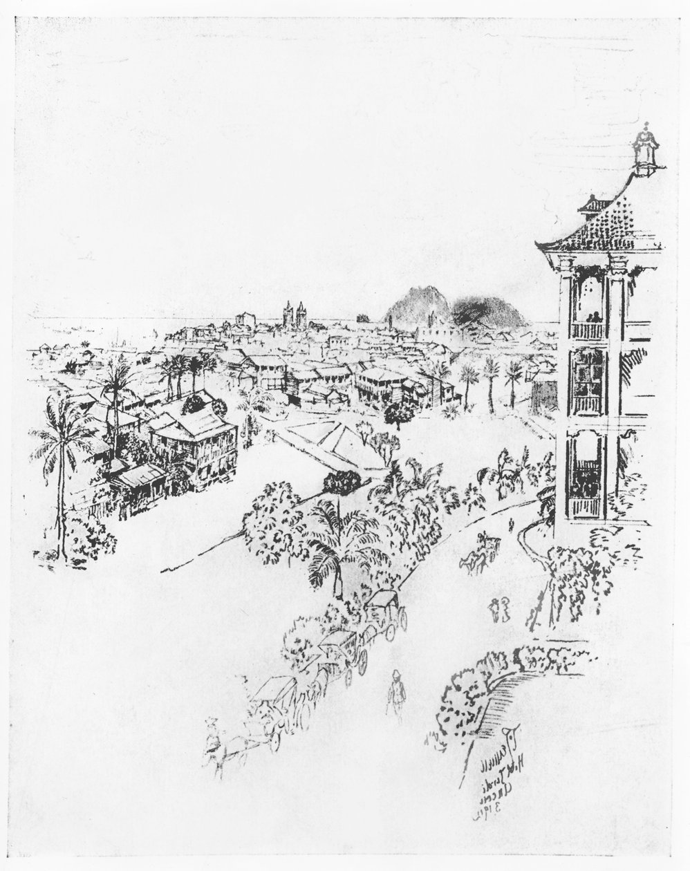 A Cidade do Panamá a partir do Hotel Tivoli, Ancon, de &39;O Canal do Panamá&39; por Joseph Pennell, 1912 (carvão sobre papel) de Joseph Pennell