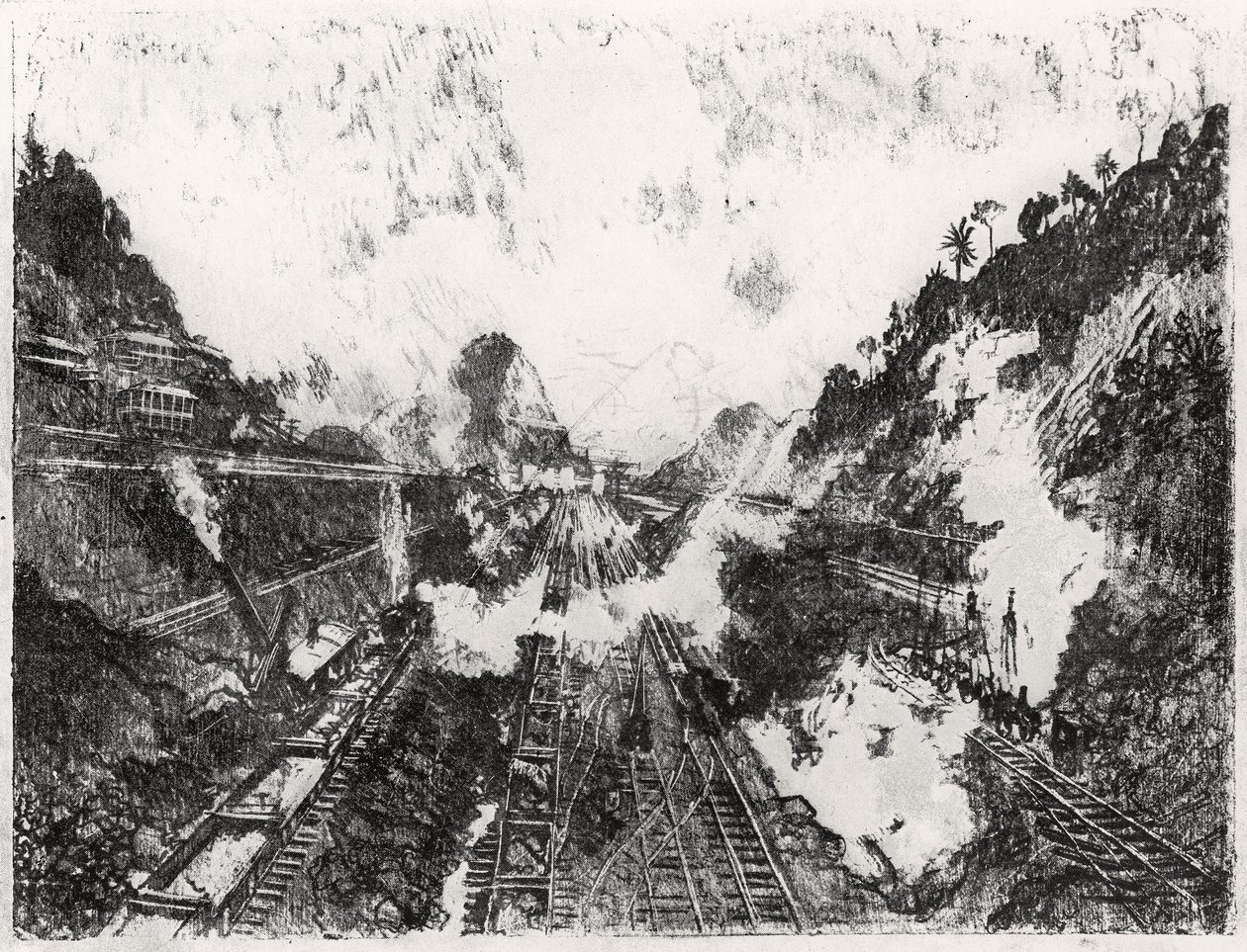 O Corte Olhando para Ancon Hill, placa XVII do Canal do Panamá por Joseph Pennell, 1912 (carvão sobre papel) de Joseph Pennell