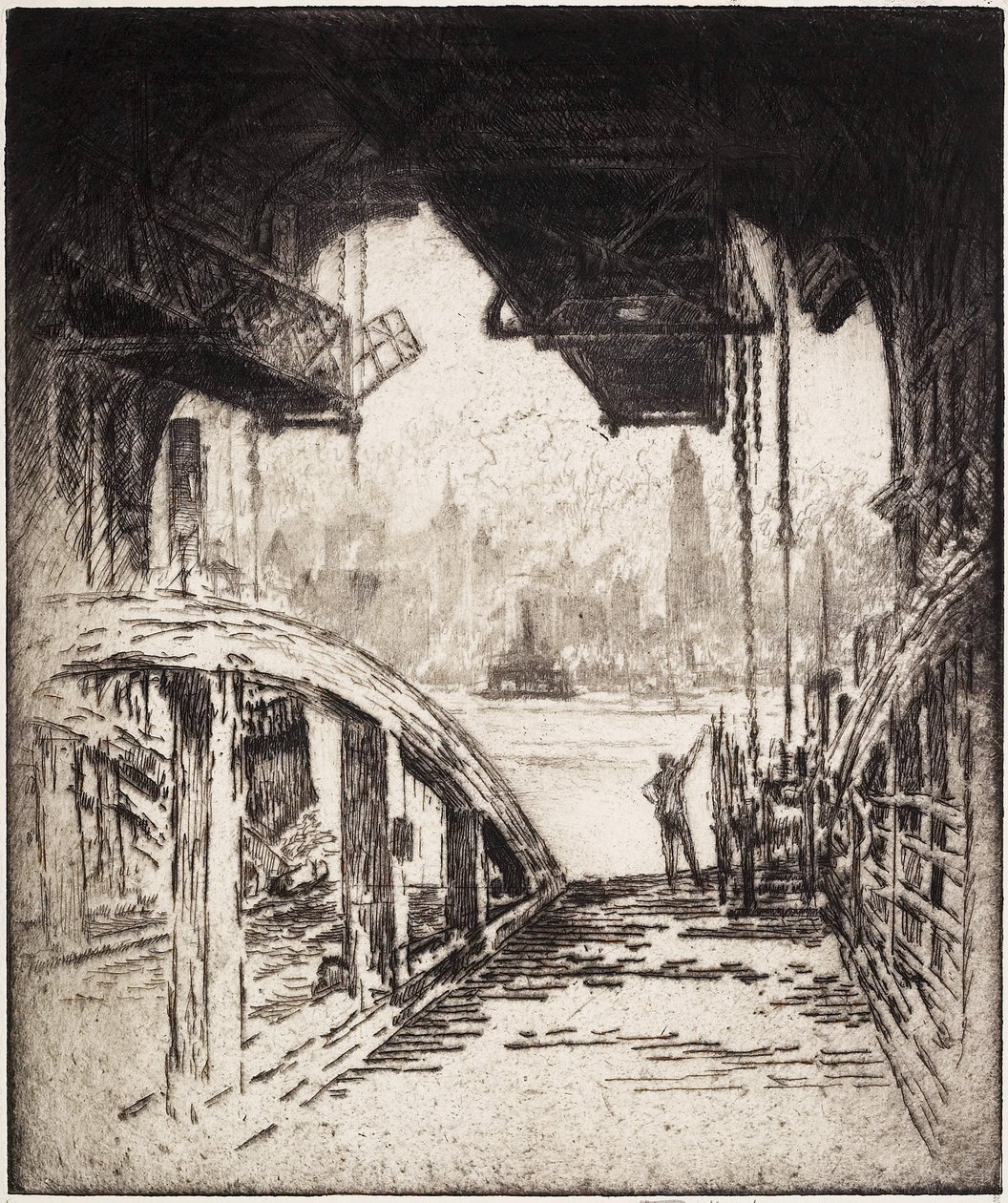 A casa da balsa; A balsa da rua de Cortland do lado da cidade de Jersey, 1919 de Joseph Pennell