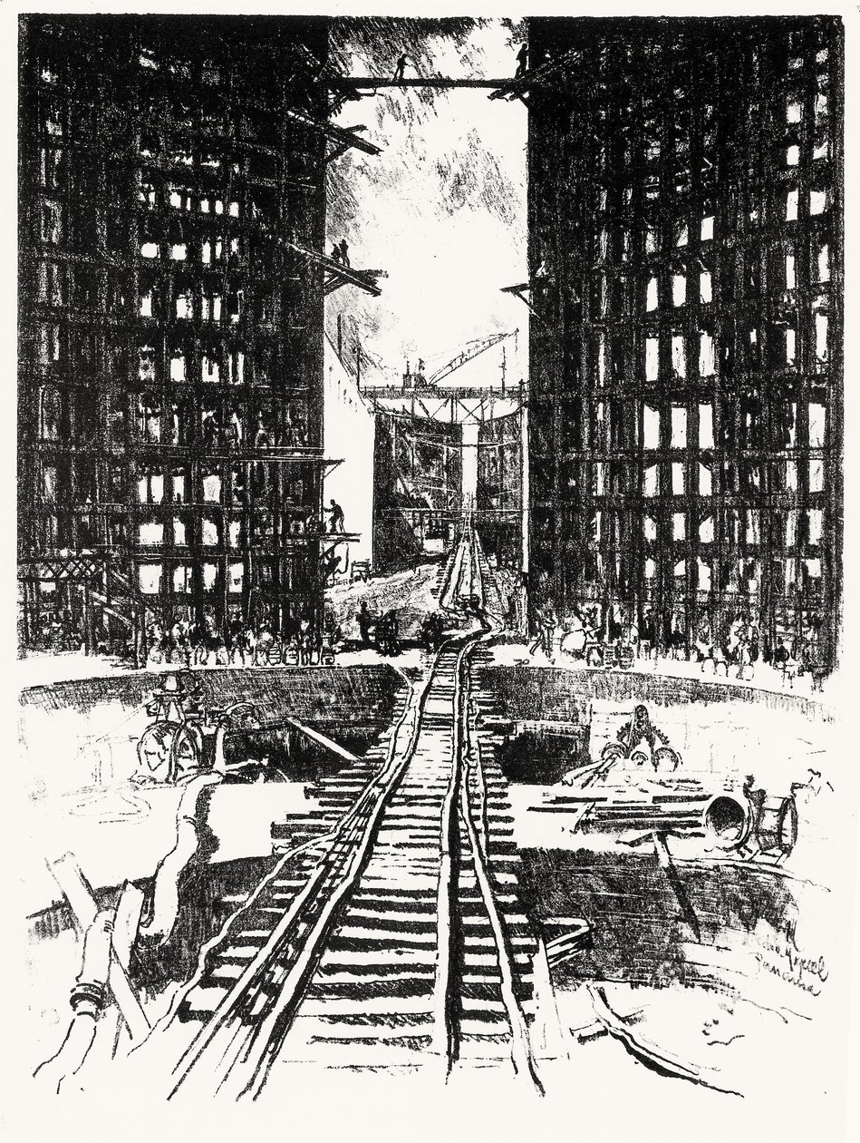As Portas de Pedro Miguel, prato XIX do Canal do Panamá por Joseph Pennell, 1912 (carvão sobre papel) de Joseph Pennell