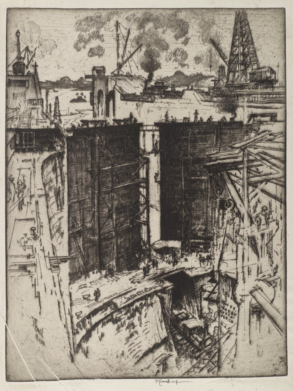 O Portão de Guarda, Gatun Lock, Panamá, 1912 (gravura em papel) de Joseph Pennell